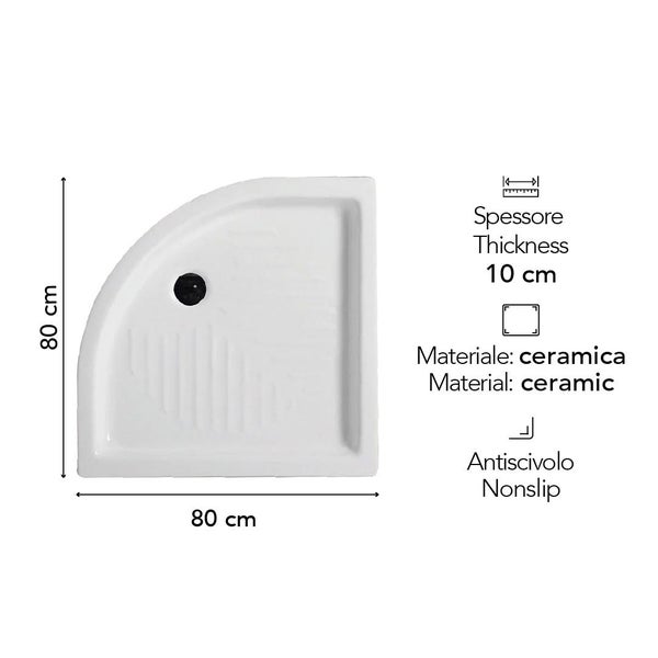 Viertelkreis-Duschwanne aus Keramik, 80 mal 80 Zentimeter, Stärke 10 Zentimeter, rutschhemmend.