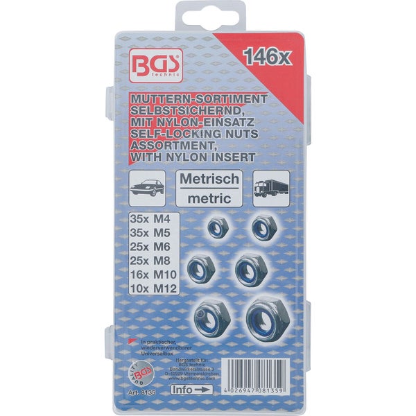 Sortimentskasten mit Sicherungsmuttern der Größen M4 bis M12