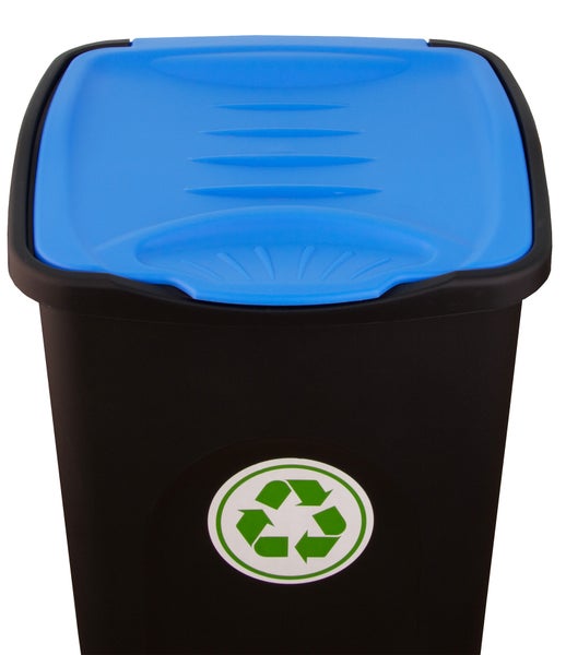 BigDean XL Mülleimer 50L - schwarz mit blauem Klappdeckel - ideal für Außenbereich, Büro, Papiermüll & Küche - Mülltonne Abfallbehälter Abfalleimer Müllbehälter