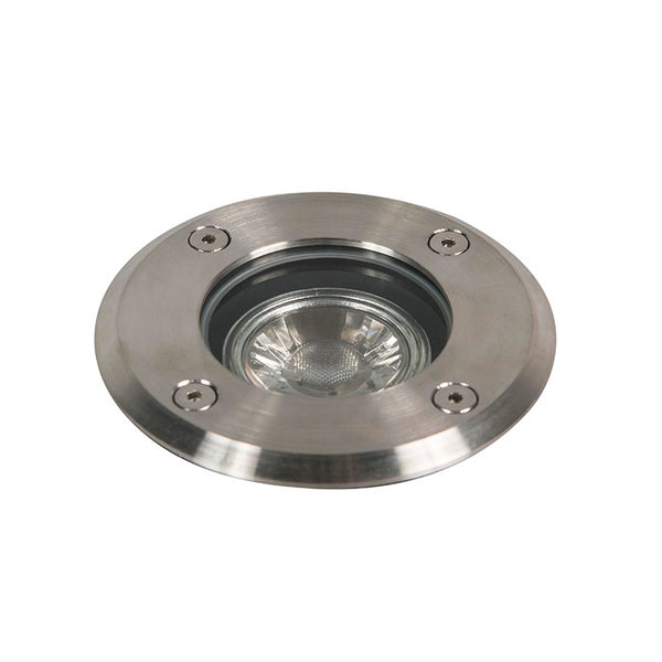 Runder Bodeneinbaustrahler aus Edelstahl mit Glaseinsatz und sichtbaren Schrauben für den Außenbereich.
