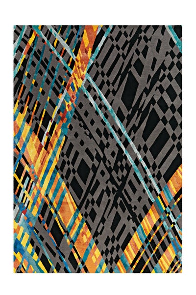 Moderner Teppich mit abstraktem geometrischem Muster aus schwarzen, grauen, orangen, gelben und blauen Linien.