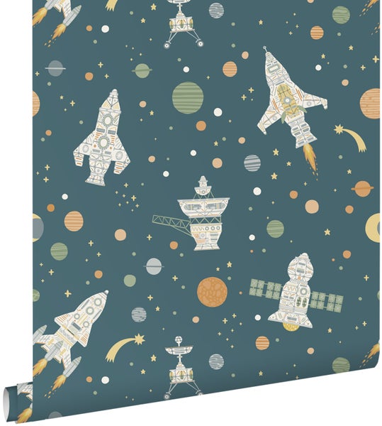 Kindertapete mit Weltraum-Motiv, Raketen, Satelliten, Planeten und Sternen.