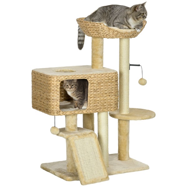 PawHut Katzen Kratzbaum 98 cm Katzenbaum mit 2 Leigefläche, Kratzsäulen, Kletterbaum Spielball, Katzenmöbel mit Katzenhöhle für Katzen bis 6 kg, Sisal, Wasserhyazinthe, Beige