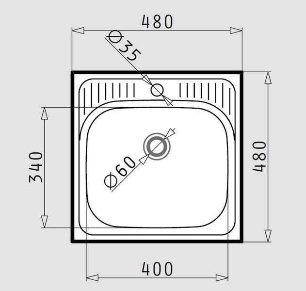 Technische Zeichnung einer quadratischen Einbauspüle mit den Abmessungen 480 mal 480 Millimeter und Ablaufflochdurchmesser von 60 Millimetern.