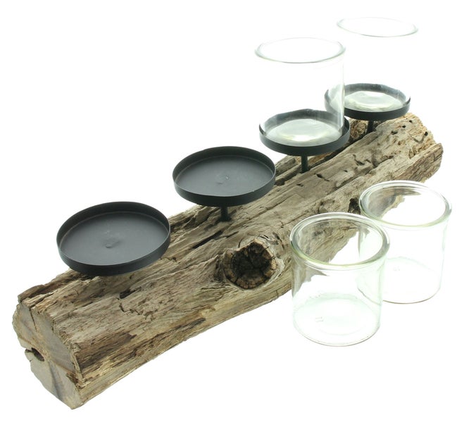 FRANK FLECHTWAREN | Kerzenhalter Wood, ULME, METALL, GLAS, ca. 49 x 10 x 18 cm, Glas Ø 8 x 8 cm