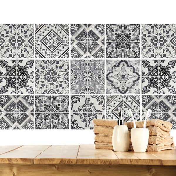 Fliesensticker, Stickerfliesen Mosaik Schwarz-Weiß, selbstklebend, bedruckt, ideal für Badezimmer und Küche im 12 Stück a 15x15cm_TS0585