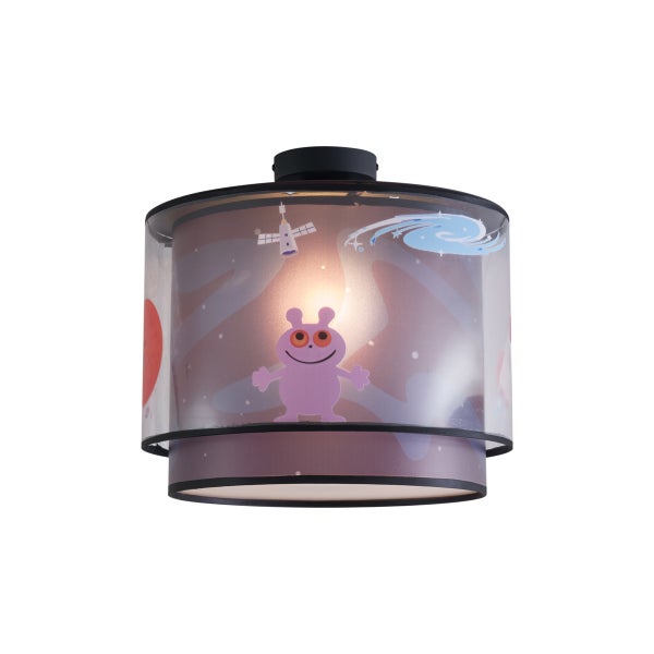 Kinder-Deckenleuchte mit Weltraum-Motiv, lila Alien, Satellit und Galaxie, doppellagiger Schirm.