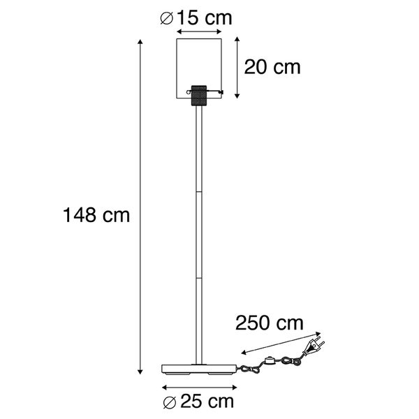 Technische Zeichnung einer Stehlampe mit den Maßen Durchmesser 15 Zentimeter für den Lampenschirm, 20 Zentimeter Höhe für den Lampenschirm, 148 Zentimeter Gesamthöhe, Durchmesser 25 Zentimeter für den Fuß und 250 Zentimeter Kabellänge.
