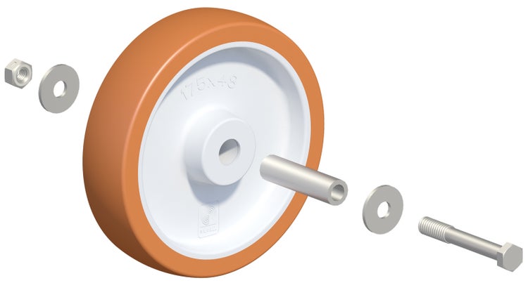 Orangefarbenes Ersatzrad für Rasenmäher, 175 mal 48 Millimeter, mit Achshülse, Schraube, Mutter und Unterlegscheiben.