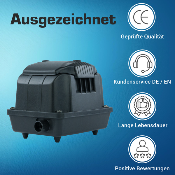 Ausgezeichneter Teichbelüfter mit CE-Kennzeichnung, Kundenservice in Deutsch und Englisch, langer Lebensdauer und positiven Bewertungen.