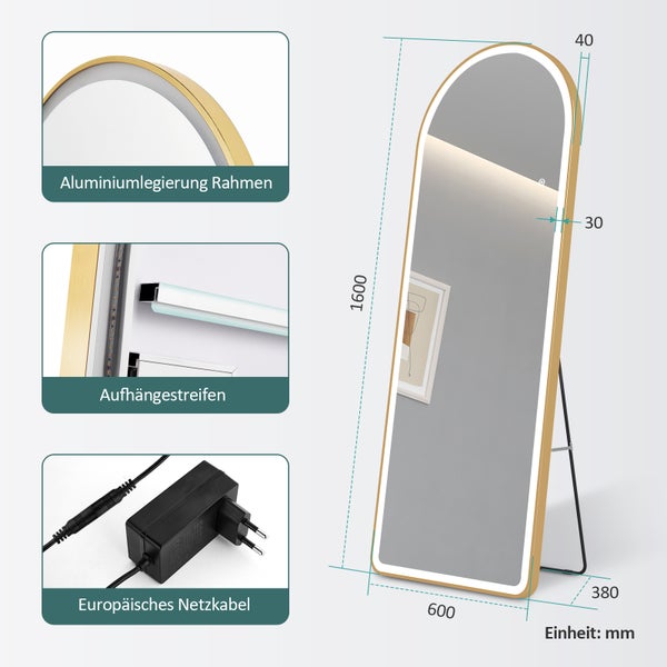 EMKE Bogen Standspiegel, Ganzkörperspiegel mit LED-Beleuchtung, 3 einstellbare Lichtfarben und dimmbar, Aluminiumrahmen in Gold, 160 x 60 cm, ideal für Wohn-, Schlaf-, Aufenthalts- und Ankleidezimmer