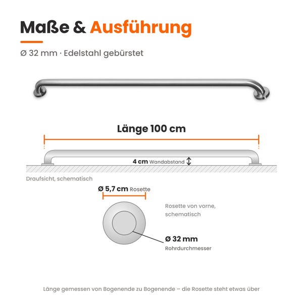 Maßzeichnung eines Duschhandlaufs aus gebürstetem Edelstahl mit 100 cm Länge, 32 mm Rohrdurchmesser und 5,7 cm Rosettendurchmesser.