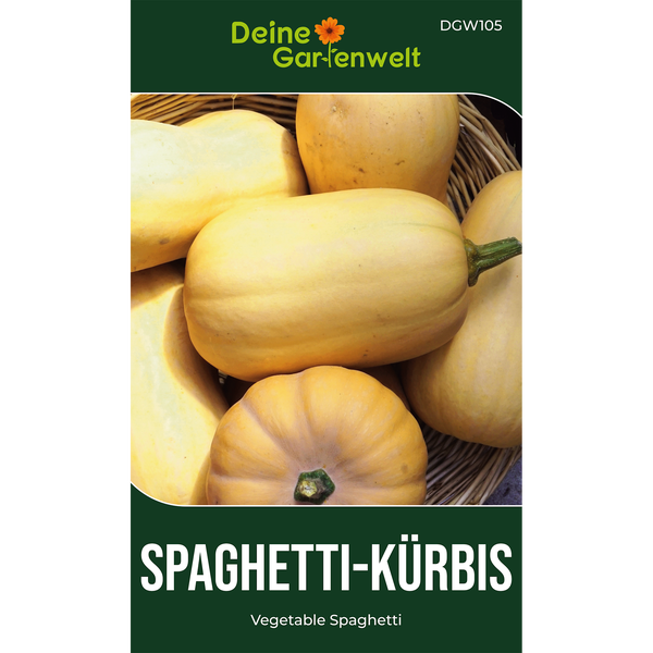 Deine Gartenwelt Logo auf einer Samentüte für Spaghetti-Kürbis mit einer Abbildung von mehreren Kürbissen in einem Korb.