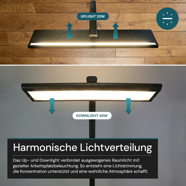 Stehleuchte mit 20 Watt Uplight und 40 Watt Downlight für eine harmonische Lichtverteilung