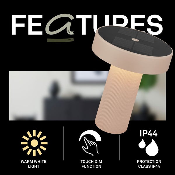 Solar-Tischleuchte mit warmweißem Licht, Touch-Dimmfunktion und Schutzart IP44.