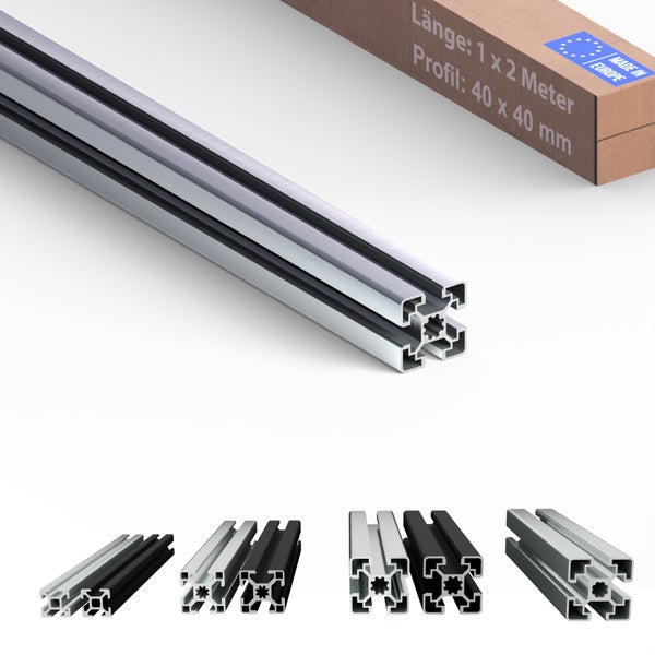 Aluminiumprofil mit den Maßen 40 x 40 Millimeter, Länge ein Meter mal zwei Meter mit Made in Europe Kennzeichen.