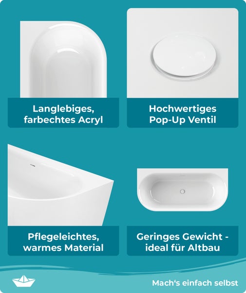 Calmwaters Vorwand-Badewanne 160x75 cm Komplettset Seamless Comfort, fugenloses Design, vormontiert mit Schürze & Ablaufgarnitur, Acryl, Made in EU, 02SL6221