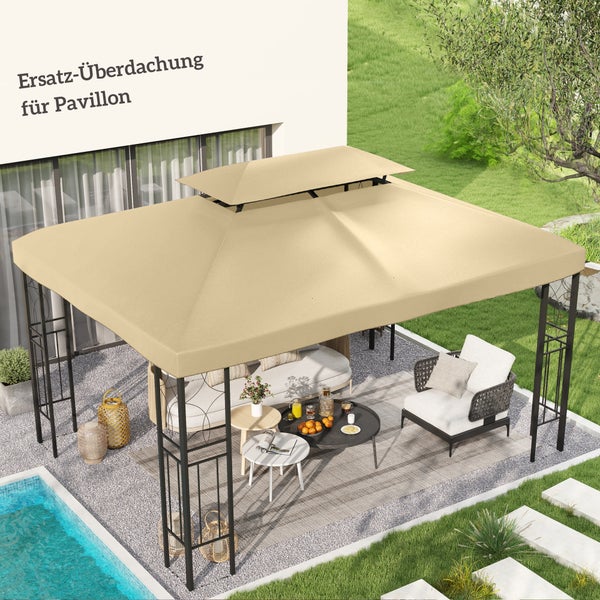 Beige Ersatz-Überdachung für Pavillon mit Doppeldach in einem modern gestalteten Garten mit Sitzgruppe und Pool.