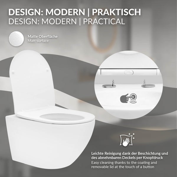 ECD Germany Spülrandloses Hänge WC weiß matt mit WC-Sitz abnehmbar aus Duroplast Softclose Absenkautomatik, Wand-WC Tiefspüler verlängerte Ausladung 52 cm, Design Toilette Sanitärkeramik, Tiefspül-WC