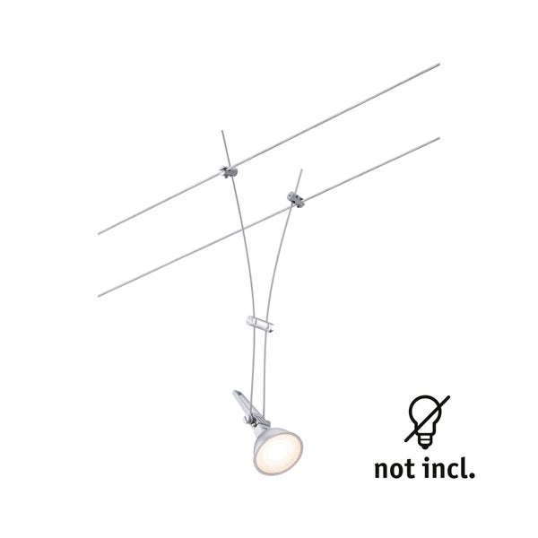 Seilsystem-Strahler aus Metall in Silber für Seilsysteme, ohne Leuchtmittel.