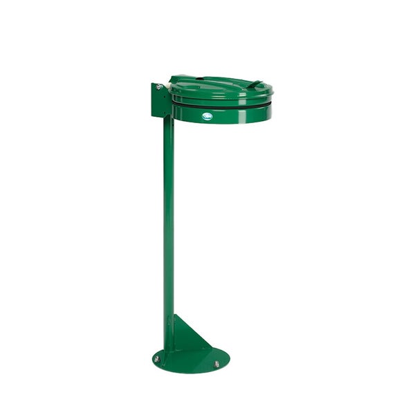 Grüner Müllsackhalter aus Metall mit Deckel und Standrohr für Bodenmontage.