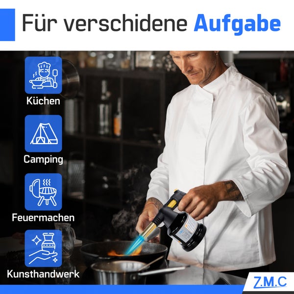 ZMC Gasbrenner 1,3 kW + 4 Gaskartuschen 190g, Schweißbrenner Flambierbrenner bis zu 1350°C, Bunsenbrenner Lötbrenner Brenneraufsatz, Küchenbrenner mit einstellbare Flamme, mit Piezo-Zündung