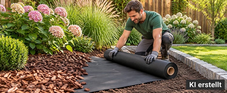 Ein Mann verlegt Unkrautvlies in einem sonnigen Gartenbeet vor dem Aufbringen von Rindenmulch.