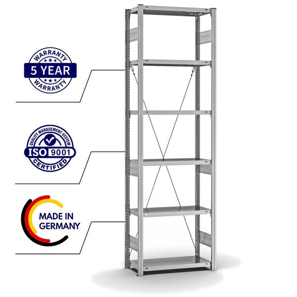 PROREGAL Fachbodenregal Stecksystem T-Profil Heavy-Duty Grundregal HxBxT 250 x 75 x 30 cm 6 Ebenen Fachlast 300 kg Einseitig Nutzbar Verzinkt