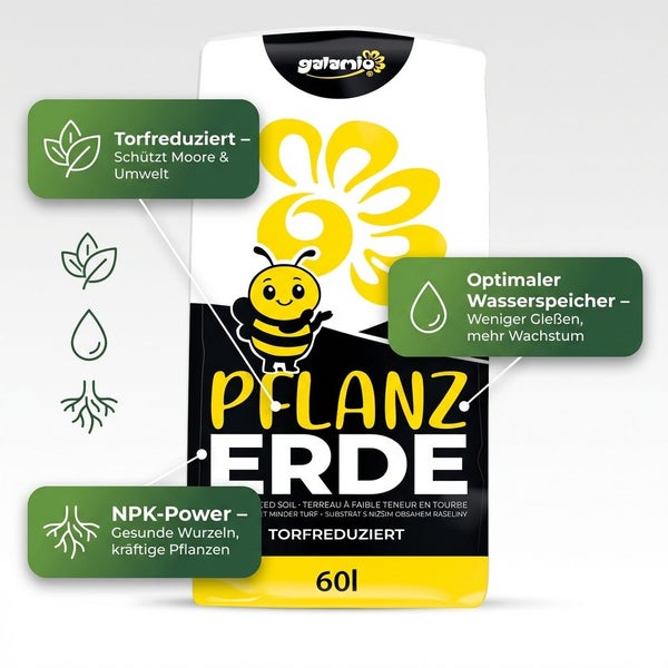 galamio Pflanzerde, torfreduziert, mit NPK-Dünger für gesundes Wurzelwachstum und optimaler Wasserspeicherung, 60 Liter.