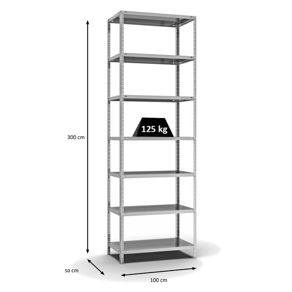 PROREGAL Fachbodenregal Schraubsystem Light-Duty Grundregal HxBxT 300 x 100 x 50 cm 7 Ebenen Fachlast 125 kg Beidseitig Nutzbar Verzinkt