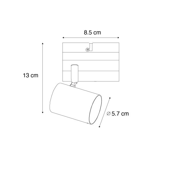 Technische Zeichnung eines Wandstrahlers mit Maßen von dreizehn mal acht komma fünf Zentimeter und einem Durchmesser von fünf komma sieben Zentimeter.