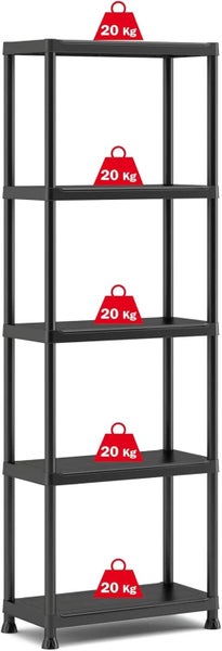 Schwarzes Kunststoffregal mit 5 Fachböden, Tragkraft 20 Kilogramm pro Boden.