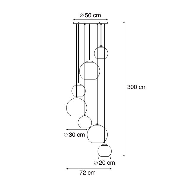 Technische Zeichnung einer Pendelleuchte mit sieben Kugeln und den Maßen: Höhe 300 cm, Breite 72 cm, Kugeldurchmesser 20 cm und 30 cm, Baldachindurchmesser 50 cm.