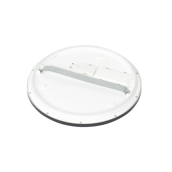 Rückansicht eines runden weißen LED-Panels mit silbernem Montagebügel aus Metall.