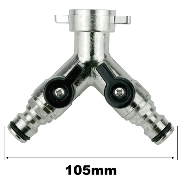 Garten-Y-Verteiler aus Metall mit zwei Absperrhähnen, Größe 105 mm
