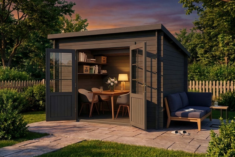 Modernes Gartenhaus aus Holz mit Pultdach und Glastüren, eingerichtet als Heimbüro auf einer gepflasterten Terrasse bei Sonnenuntergang.