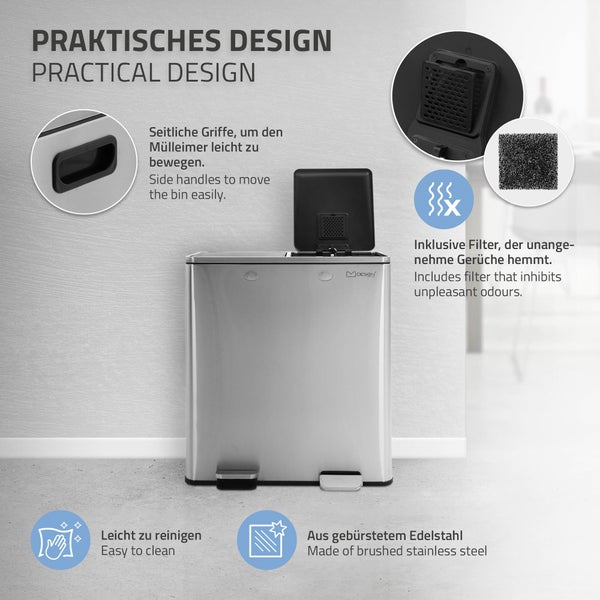 ML-Design Mülleimer Küche 2x30L (60L), Silber, Mülltrennsystem 2 Fächer, Treteimer zur Mülltrennung, Abfalleimer aus Edelstahl, herausnehmbarer Kunststoff Inneneimer, Klappdeckel, Softclose, luftdicht