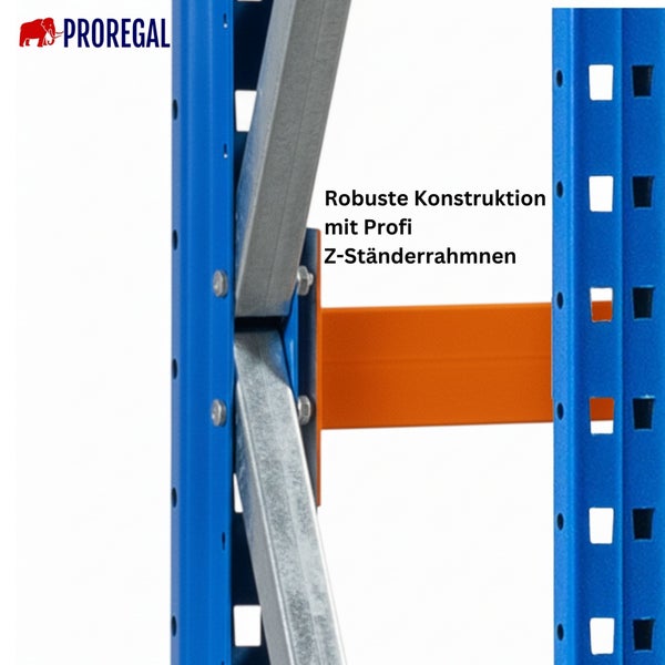 Detailansicht eines robusten Regalrahmens mit Z-Profil von Proregal