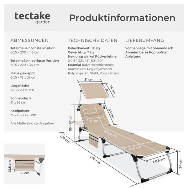 Sonnenliege tectake Lorella 220 x 60,5 x 34 cm, mit Seitentasche  gepolstert, klappbar beige