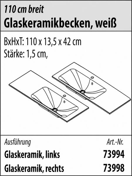 Maßzeichnung für Glaskeramikbecken in Weiß, 110 Zentimeter breit, Ausführung mit Becken links oder rechts, Maße 110 mal 13,5 mal 42 Zentimeter.