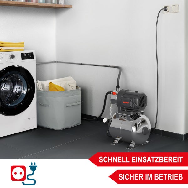 Hauswasserwerk mit Druckkessel angeschlossen an Waschmaschine in Hauswirtschaftsraum. Schnell einsatzbereit und sicher im Betrieb.