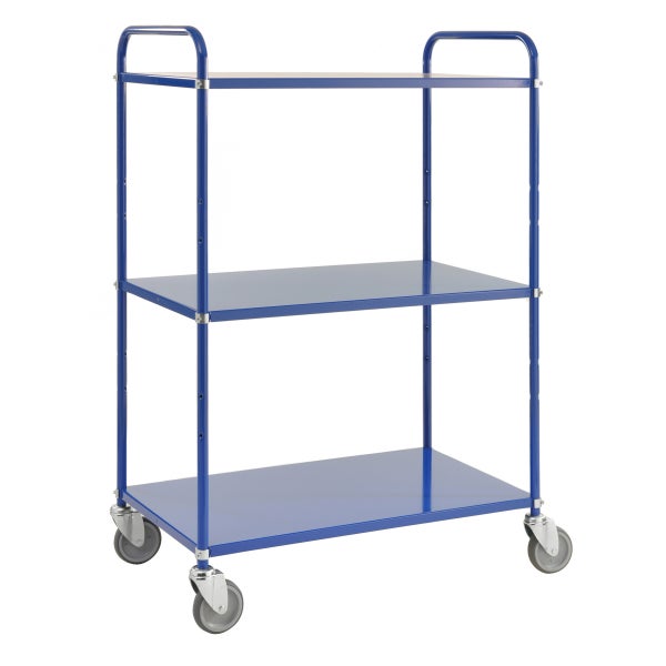 Blauer Servierwagen mit drei Ablageflächen und Rollen
