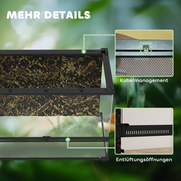 Terrarium mit Details zu Kabelmanagement am Deckel und Entlüftungsöffnungen vorne, Gitterdeckel und strukturierte Rückwand.