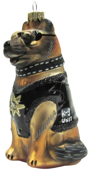 Schwarz/Braun 11cm Deutscher Schäferhund als Polizist Glasornament, mundgeblasen und handekoriert, 1 Stck.