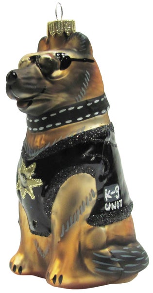 Schwarz/Braun 11cm Deutscher Schäferhund als Polizist Glasornament, mundgeblasen und handekoriert, 1 Stck., Weihnachtsbaumkugeln, Christbaumschmuck, Weihnachtsbaumanhänger