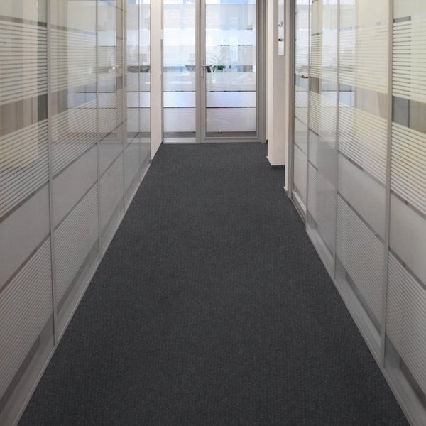 Flur mit grauem Teppichboden und Büros mit Glaswänden