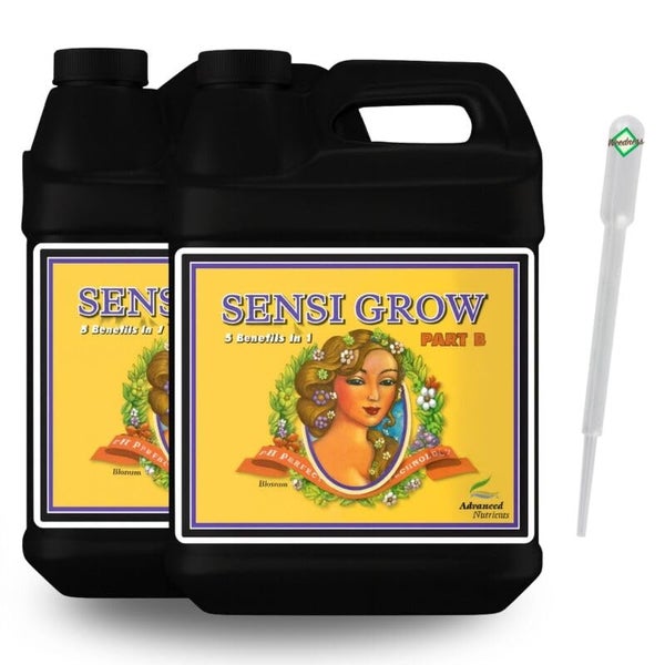 Zwei schwarze Kanister Advanced Nutrients Sensi Grow Part B Flüssigdünger und eine Weedness Dosierpipette.
