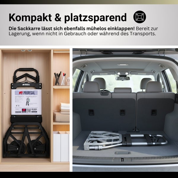 Zusammenklappbare Sackkarre von Proregal, platzsparend verstaut in einem Schrank und im Kofferraum eines Autos.