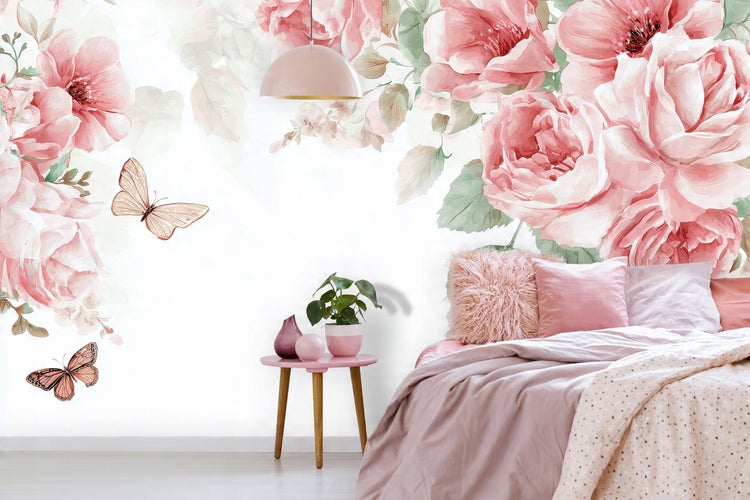 Fototapete Blumen Rosen Schmetterlinge Wohnzimmer Vlies Tapete 350x250 cm