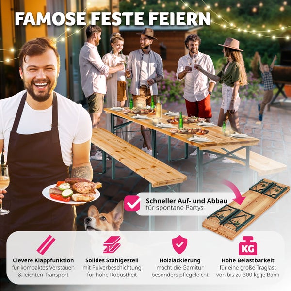 Bierzeltgarnitur tectake  Holzlackierung mit Klarlack 3-teilig braun